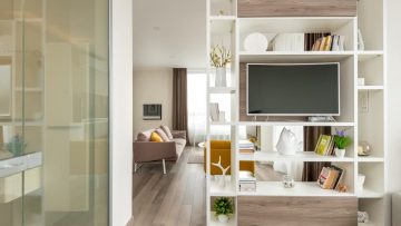 Interior of modern flat with comfortable furniture and wooden shelves with books and television set